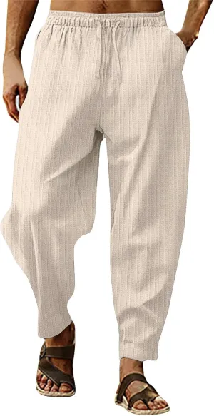 2023 Mens Linen Harem Capri Pants Plus Size Lightweight Loose Drawstring Elastic Waist Trousers Casual Beach Yoga Sweatpants