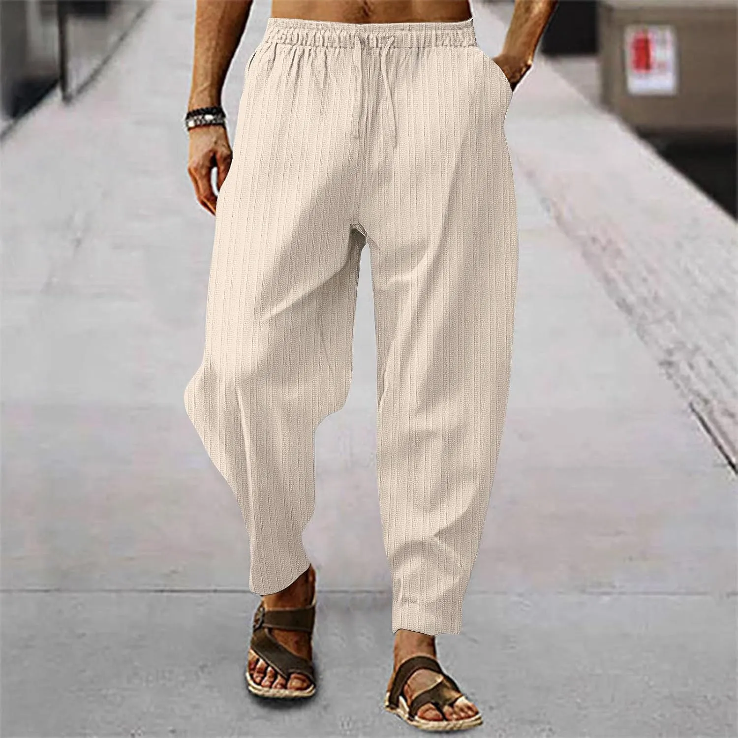 2023 Mens Linen Harem Capri Pants Plus Size Lightweight Loose Drawstring Elastic Waist Trousers Casual Beach Yoga Sweatpants