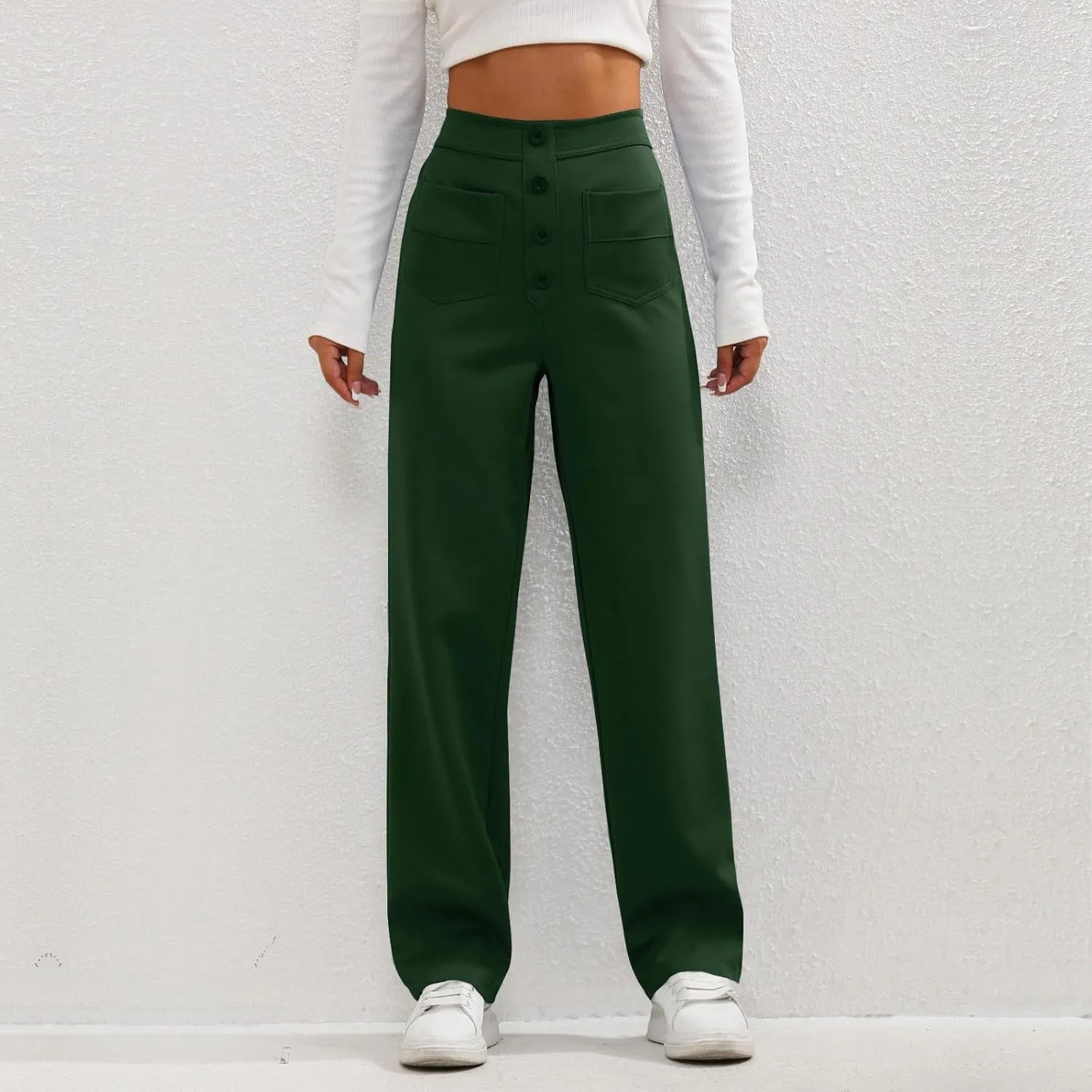 2024 Women's Casual Work Pants High Waisted Wide Leg Office Pants Stretchy Button Down Trousers with Multiple Pockets
