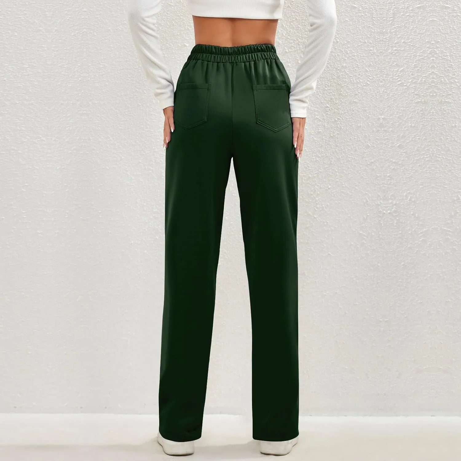 2024 Women's Casual Work Pants High Waisted Wide Leg Office Pants Stretchy Button Down Trousers with Multiple Pockets