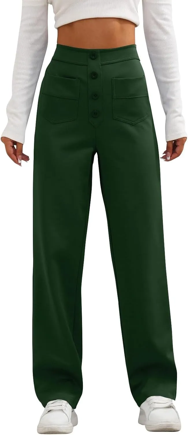 2024 Women's Casual Work Pants High Waisted Wide Leg Office Pants Stretchy Button Down Trousers with Multiple Pockets