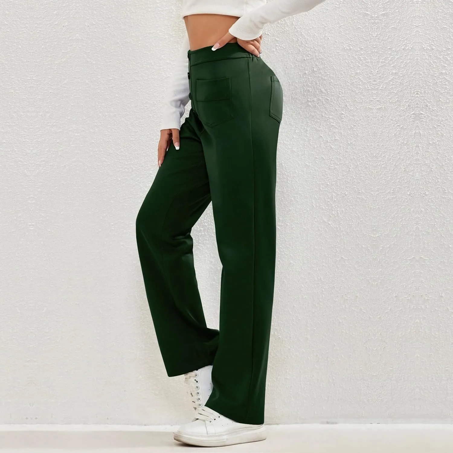 2024 Women's Casual Work Pants High Waisted Wide Leg Office Pants Stretchy Button Down Trousers with Multiple Pockets