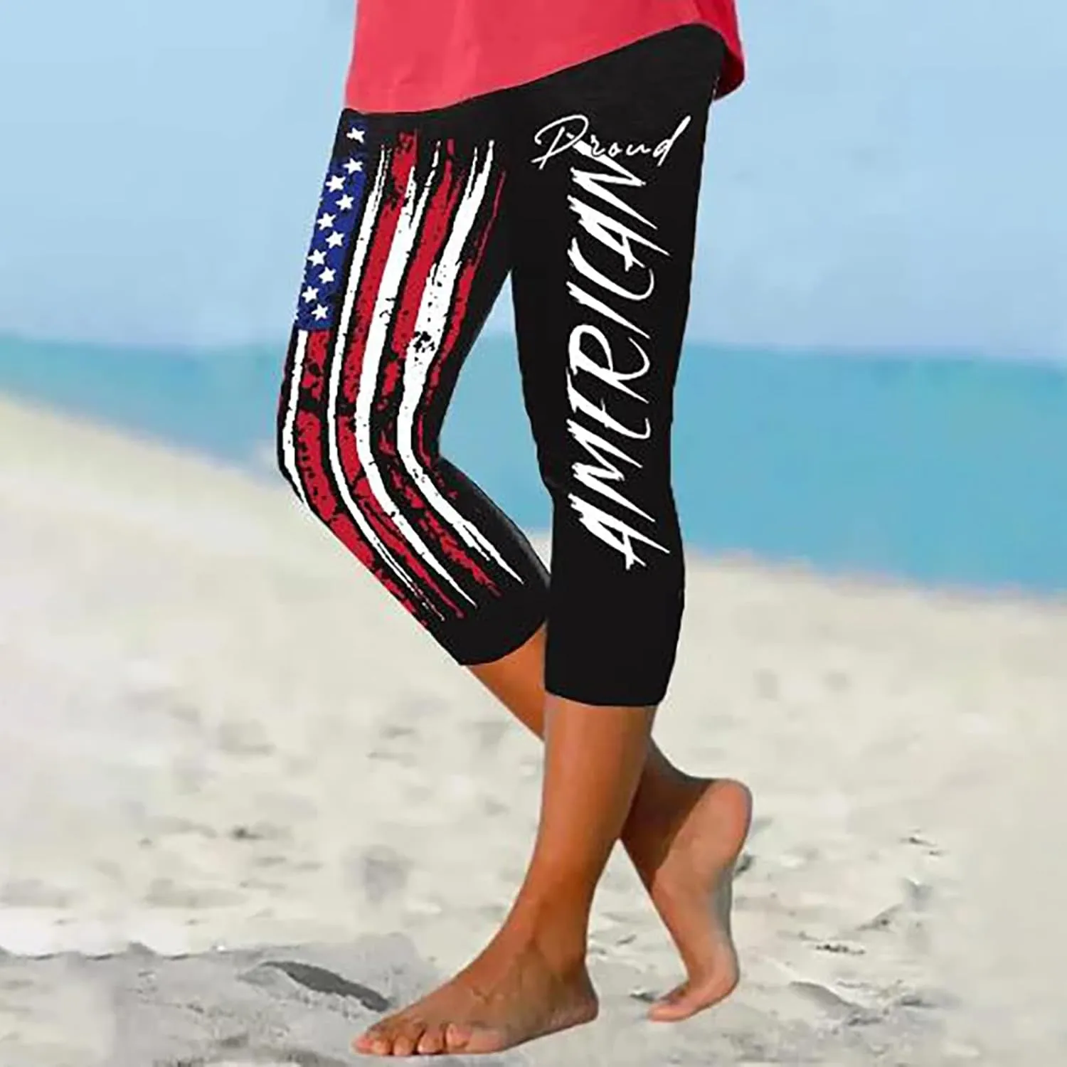 4th of July Capri Leggings for Women Summer High Waist American Flag Yoga Pants Patriotic Cropped Trousers