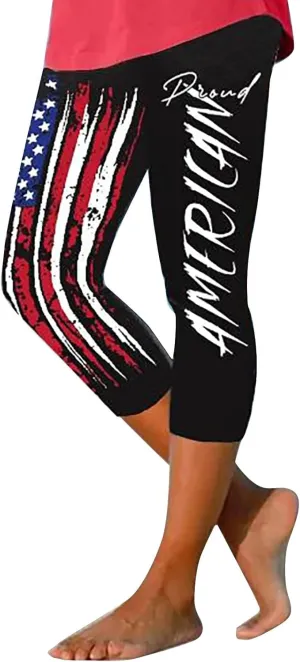4th of July Capri Leggings for Women Summer High Waist American Flag Yoga Pants Patriotic Cropped Trousers