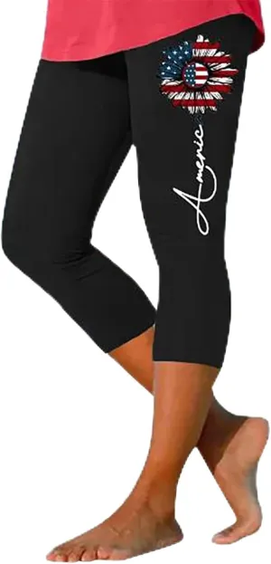 4th of July USA Patriotic Womens Capris Leggings Pants Tummy Control Knee Length Slim Fit Yoga Cropped Trouser
