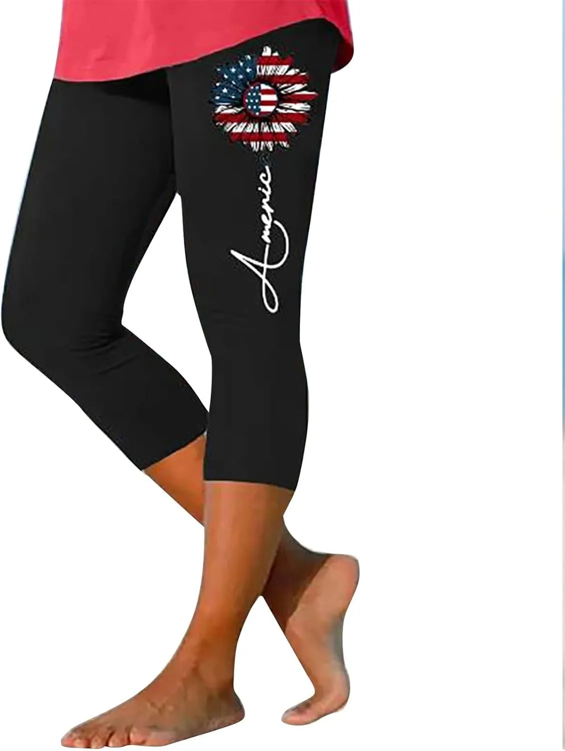 4th of July USA Patriotic Womens Capris Leggings Pants Tummy Control Knee Length Slim Fit Yoga Cropped Trouser