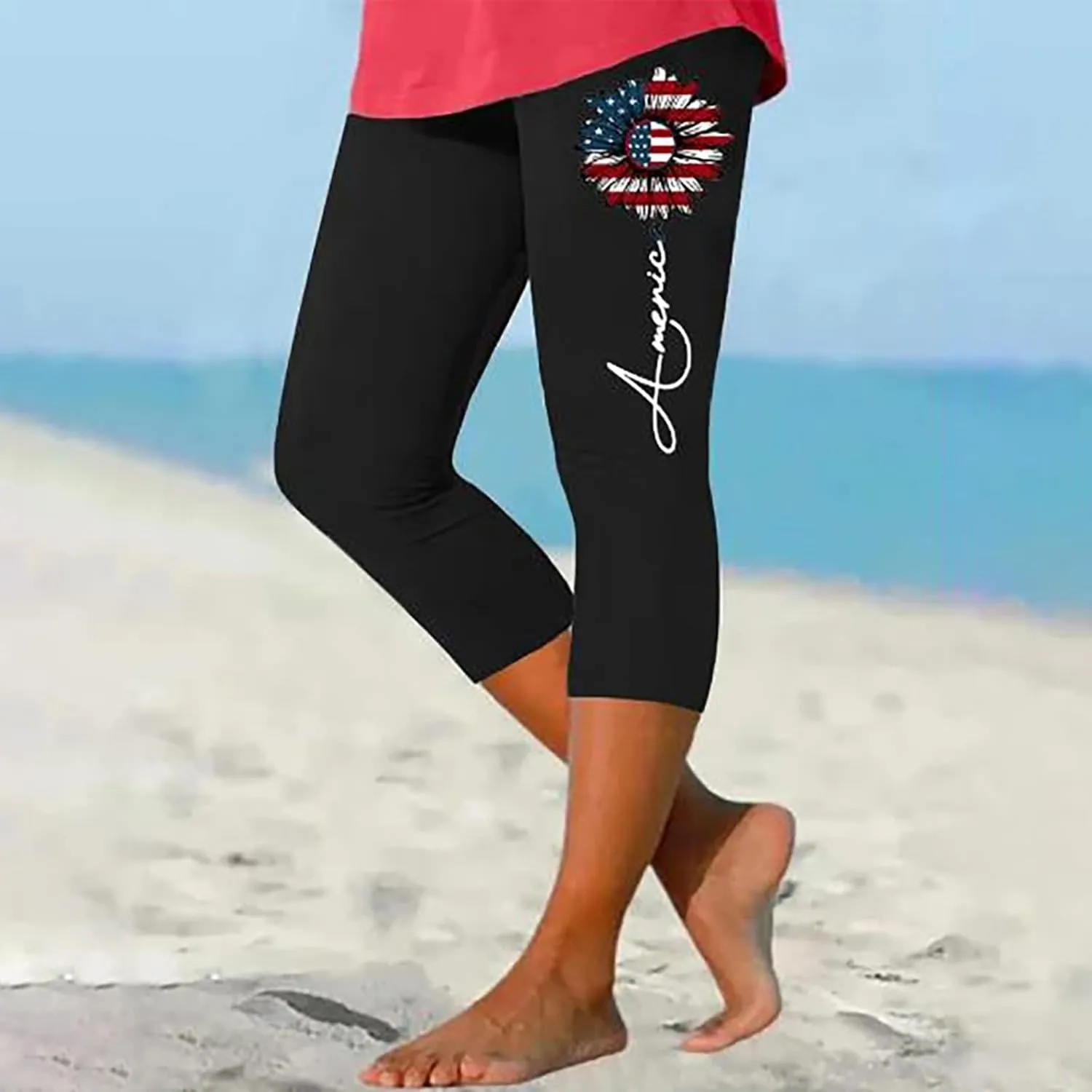 4th of July USA Patriotic Womens Capris Leggings Pants Tummy Control Knee Length Slim Fit Yoga Cropped Trouser