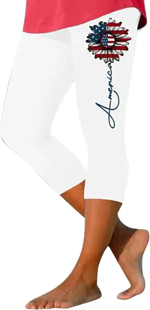 4th of July USA Patriotic Womens Capris Leggings Summer High Waist Pant Tummy Control Knee Length Slim Fit Yoga Cropped