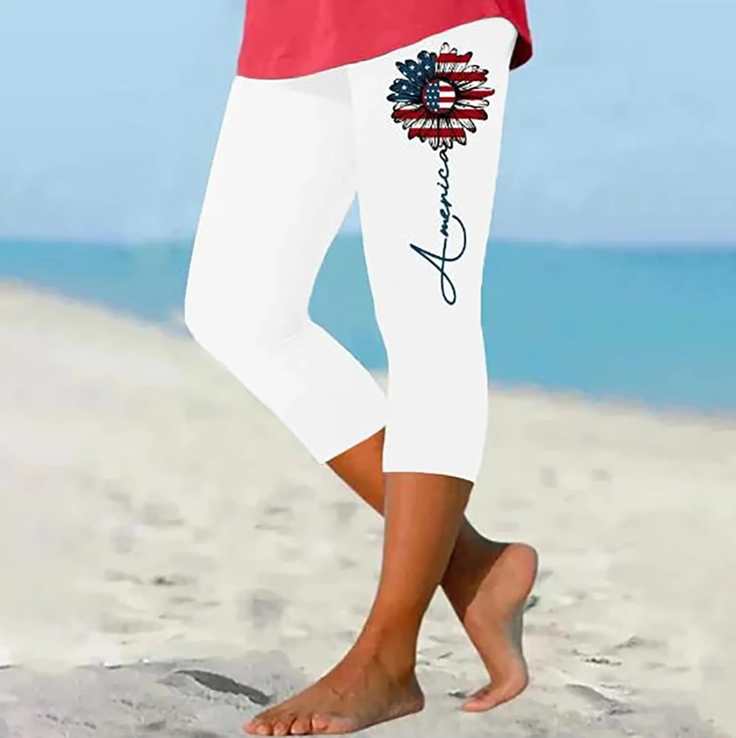 4th of July USA Patriotic Womens Capris Leggings Summer High Waist Pant Tummy Control Knee Length Slim Fit Yoga Cropped