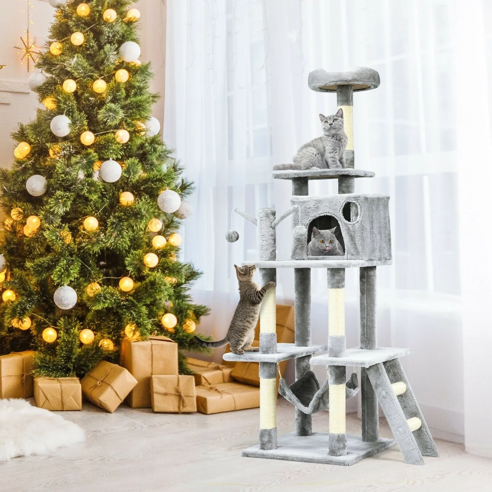 66" Cat Tree Condo Kitten Multi-Level Activity Center - Light Gray