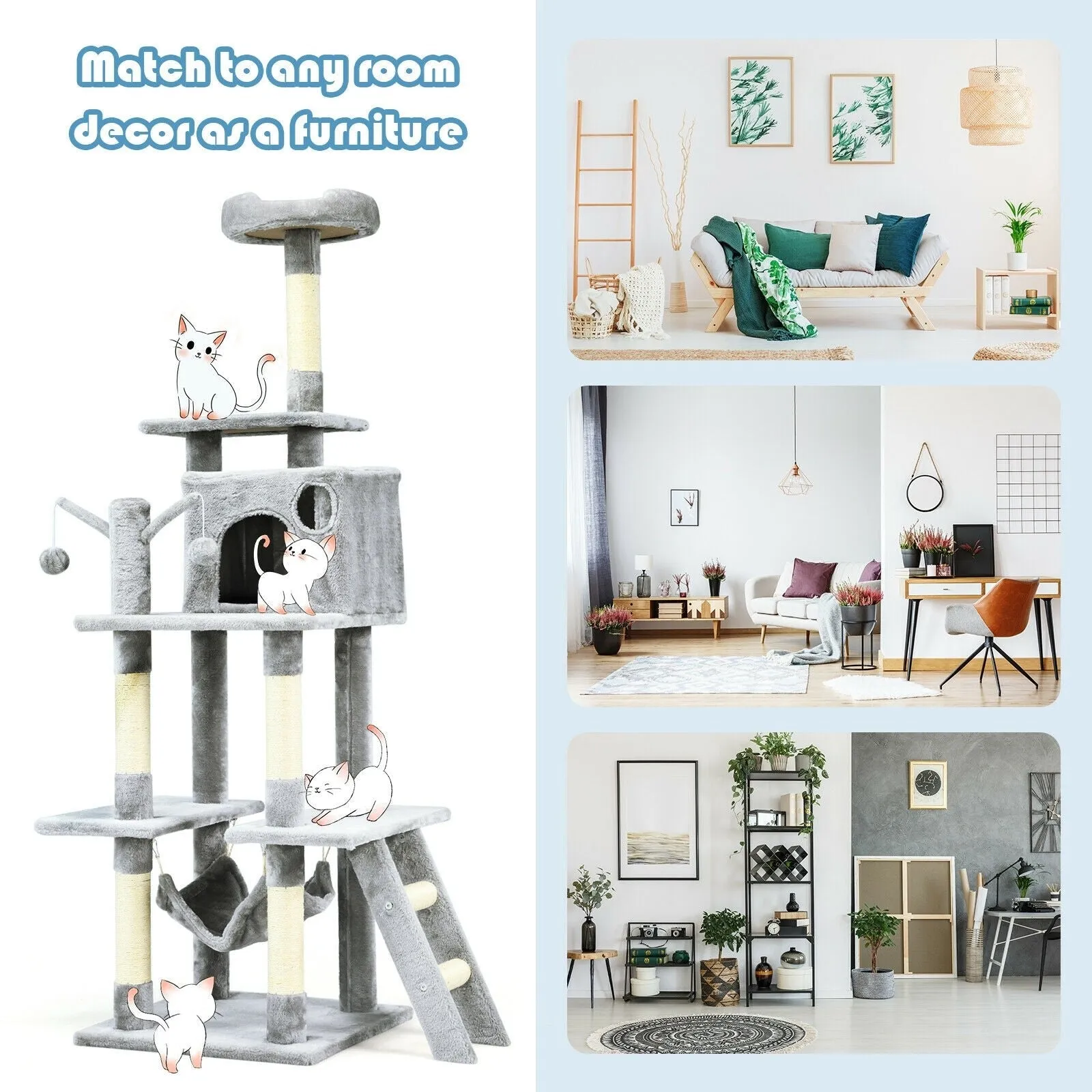 66" Cat Tree Condo Kitten Multi-Level Activity Center - Light Gray