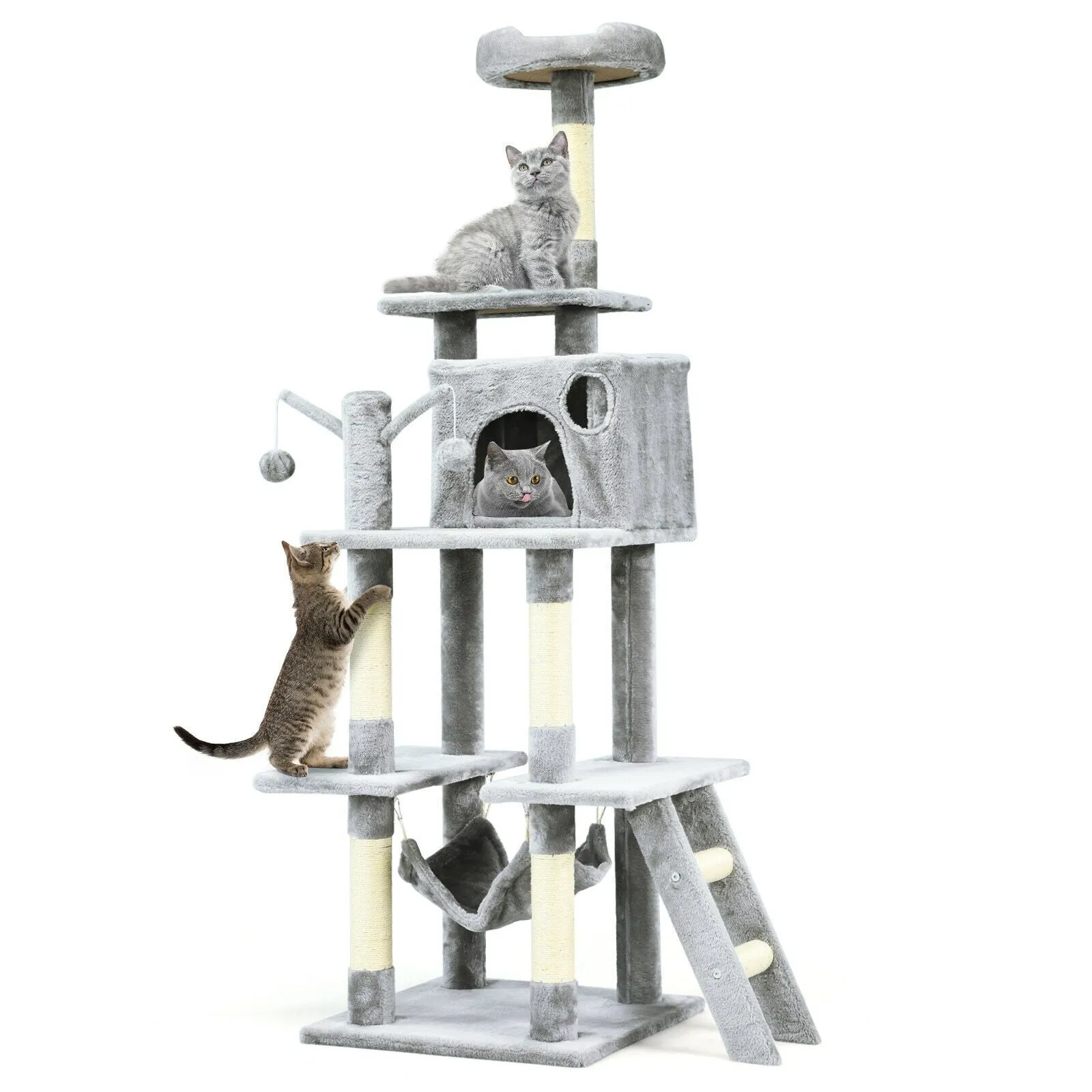 66" Cat Tree Condo Kitten Multi-Level Activity Center - Light Gray