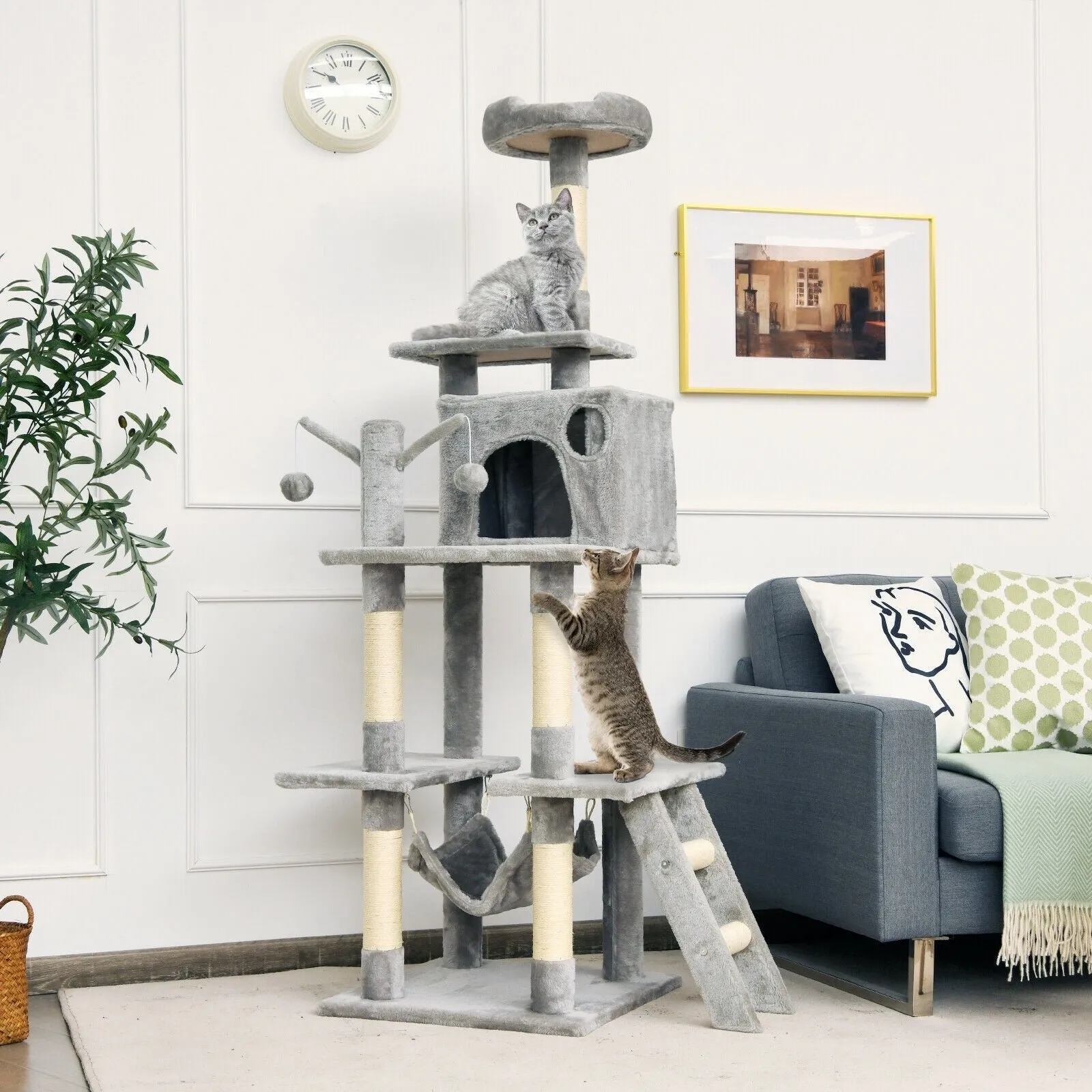 66" Cat Tree Condo Kitten Multi-Level Activity Center - Light Gray