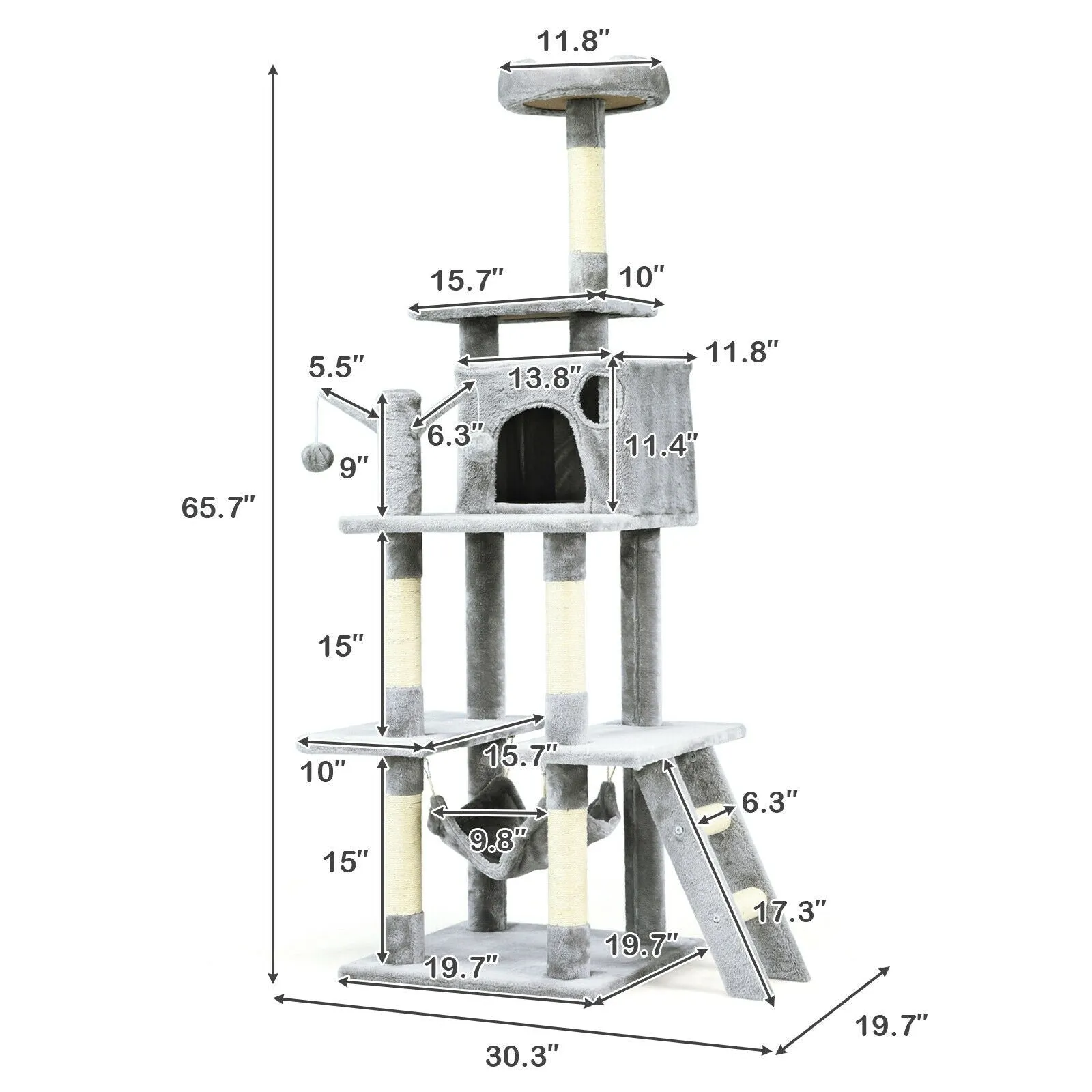 66" Cat Tree Condo Kitten Multi-Level Activity Center - Light Gray