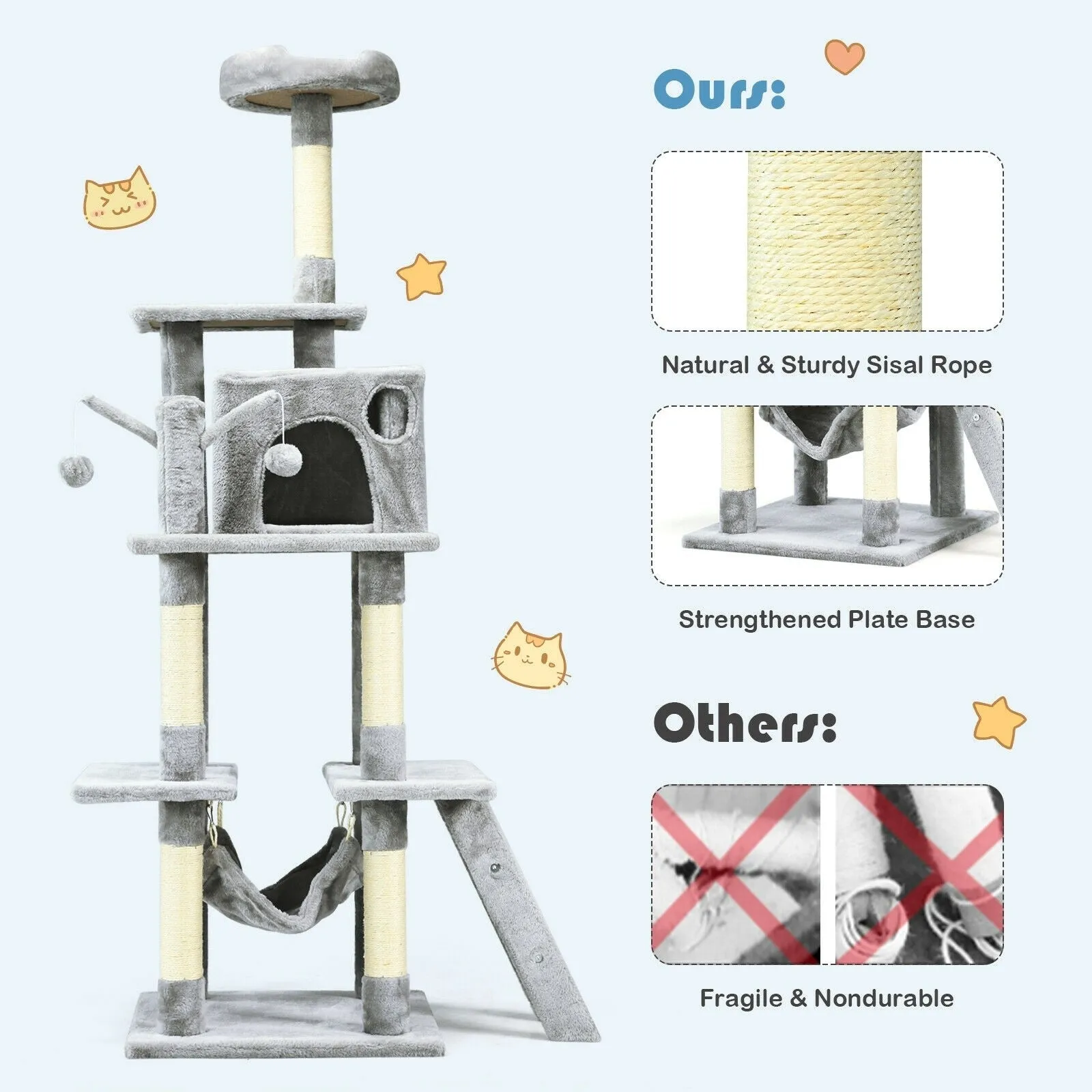66" Cat Tree Condo Kitten Multi-Level Activity Center - Light Gray