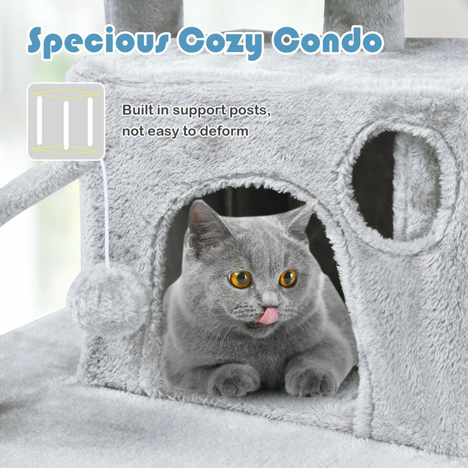 66" Cat Tree Condo Kitten Multi-Level Activity Center - Light Gray