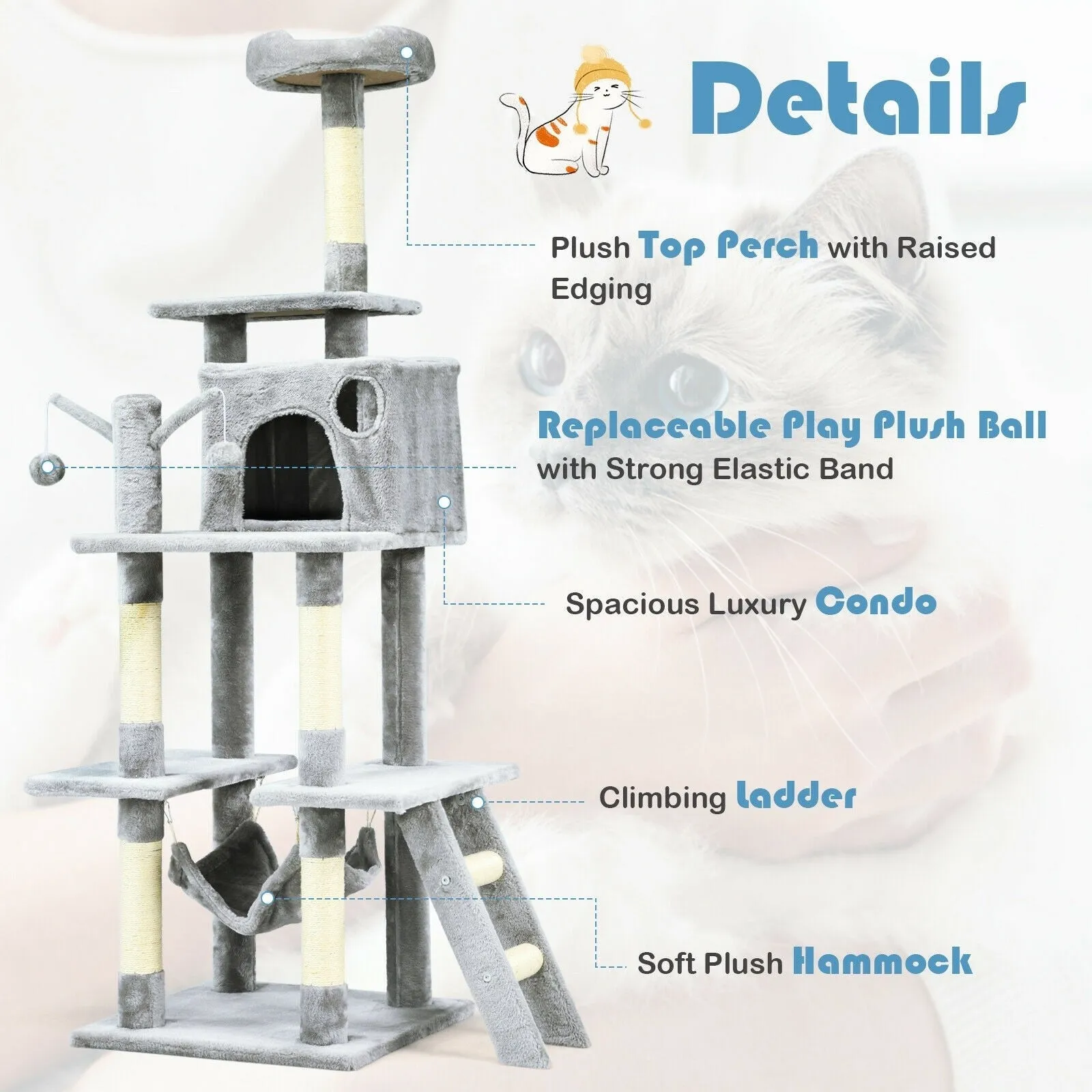 66" Cat Tree Condo Kitten Multi-Level Activity Center - Light Gray