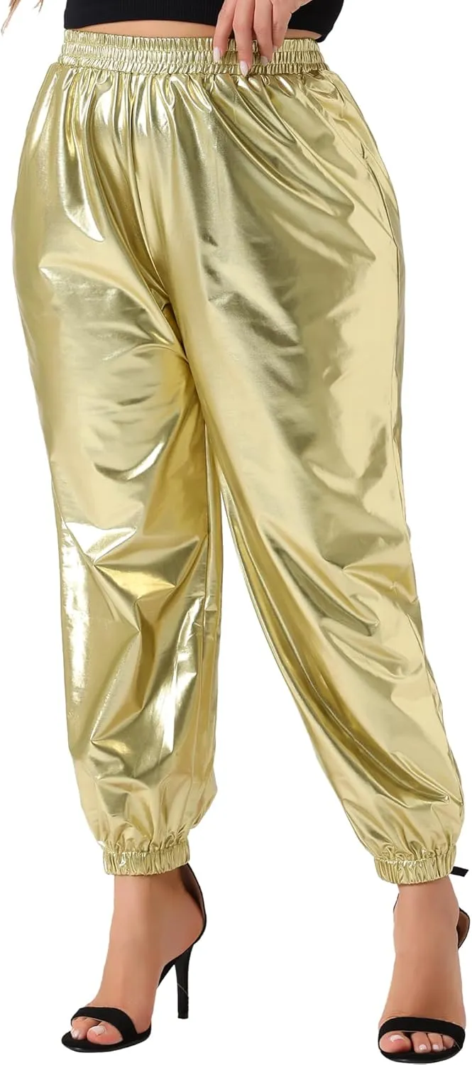 Agnes Orinda Plus Size Jogger Pants for Women Metallic Shiny High Waist Stretchy Wear Holographic Trousers Sweatpant