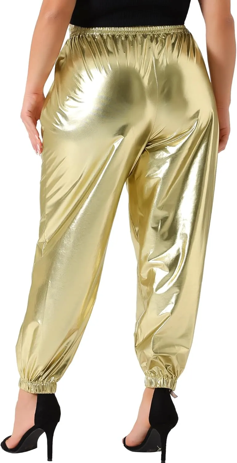 Agnes Orinda Plus Size Jogger Pants for Women Metallic Shiny High Waist Stretchy Wear Holographic Trousers Sweatpant
