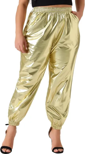 Agnes Orinda Plus Size Jogger Pants for Women Metallic Shiny High Waist Stretchy Wear Holographic Trousers Sweatpant