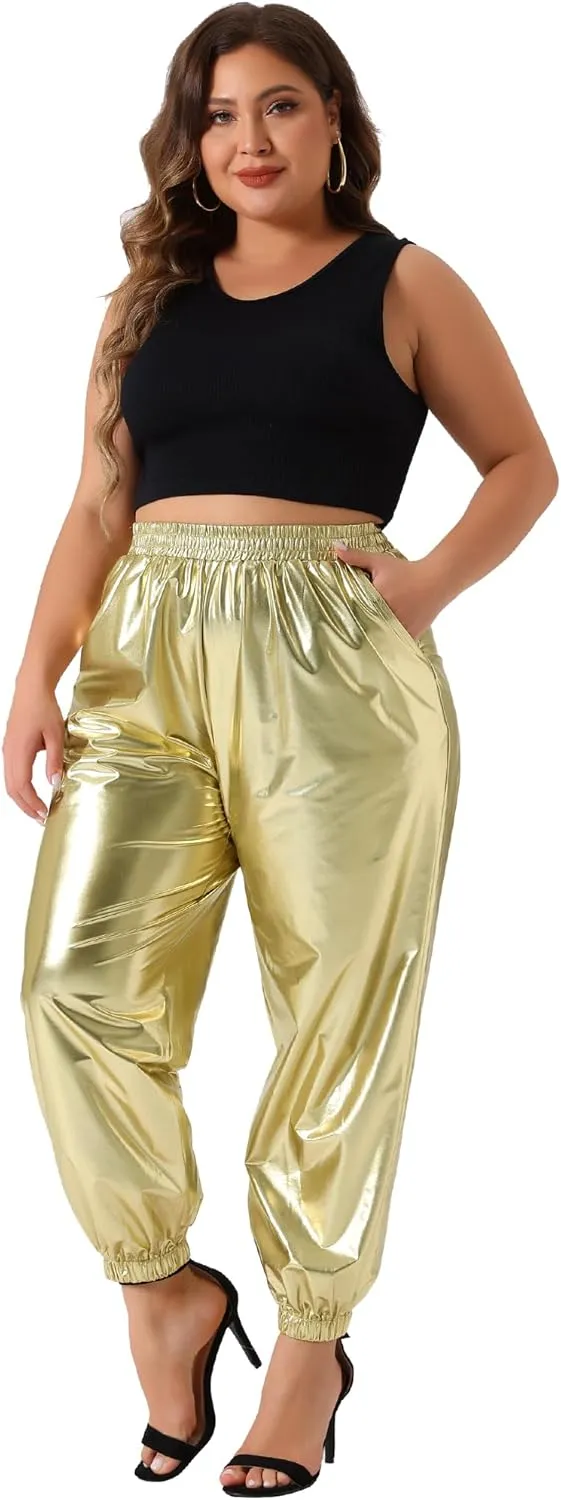 Agnes Orinda Plus Size Jogger Pants for Women Metallic Shiny High Waist Stretchy Wear Holographic Trousers Sweatpant