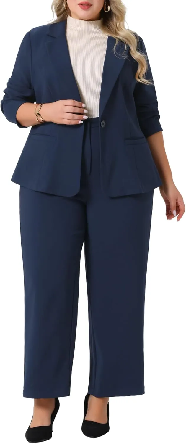 Agnes Orinda Plus Size Suit Two Piece Outfits for Women Business Office Blazer Jacket and Pants Suit Set