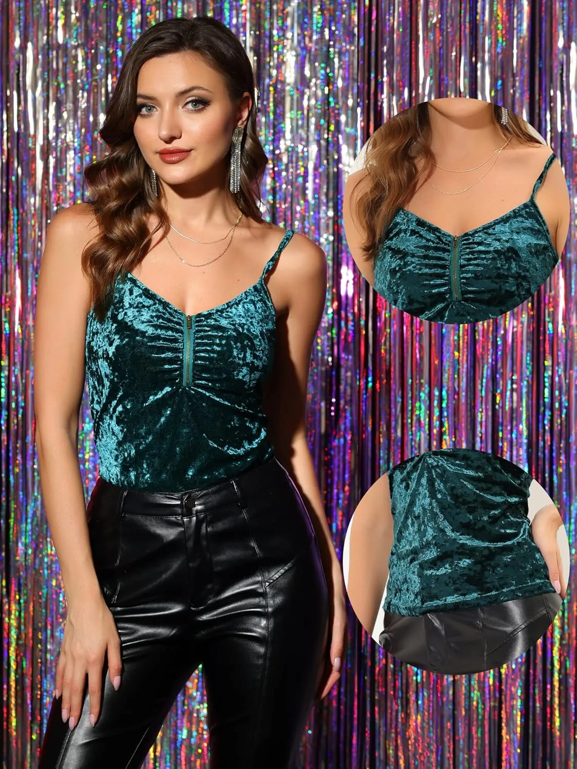 Allegra K Party Cami Top for Women's Velvet Zip Up Spaghetti Strap Halloween Sleeveless Tank Tops
