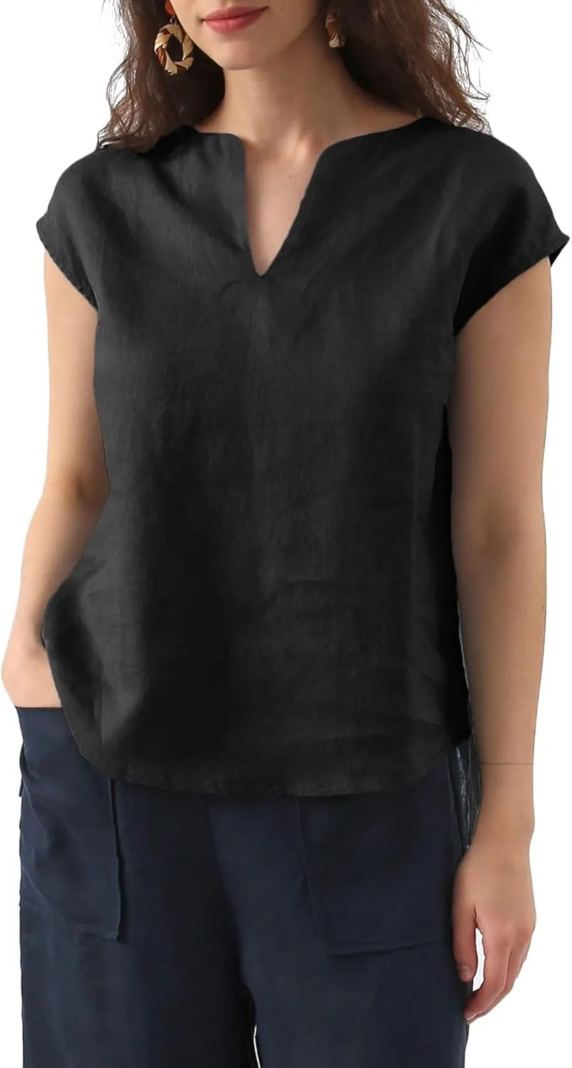 Amazhiyu Women's 100% Linen Summer V Neck Cap Sleeve Blouse Basic Casual Top