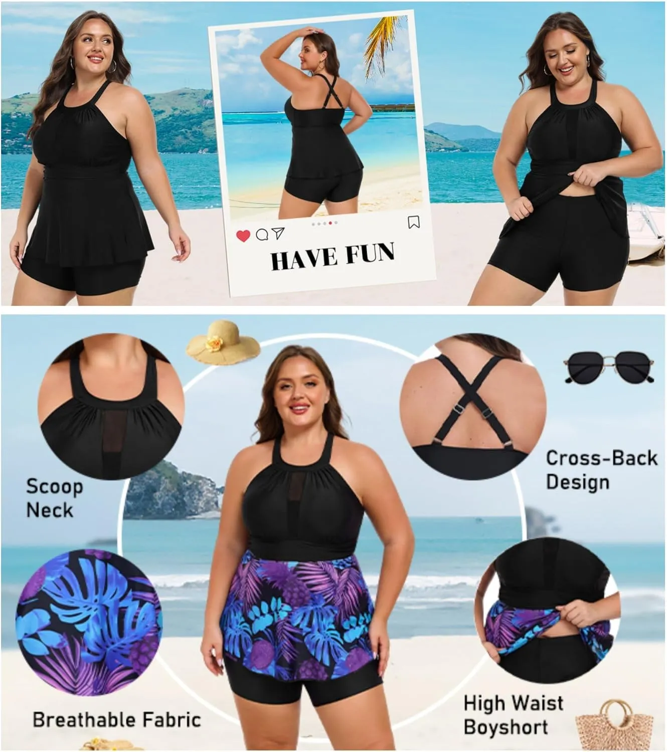 AOVDE Women's Plus Size Tankini Swimsuits: Two Piece Bathing Suits Tank Tops with Boy Shorts Flowy Swimwear for Curvy Women