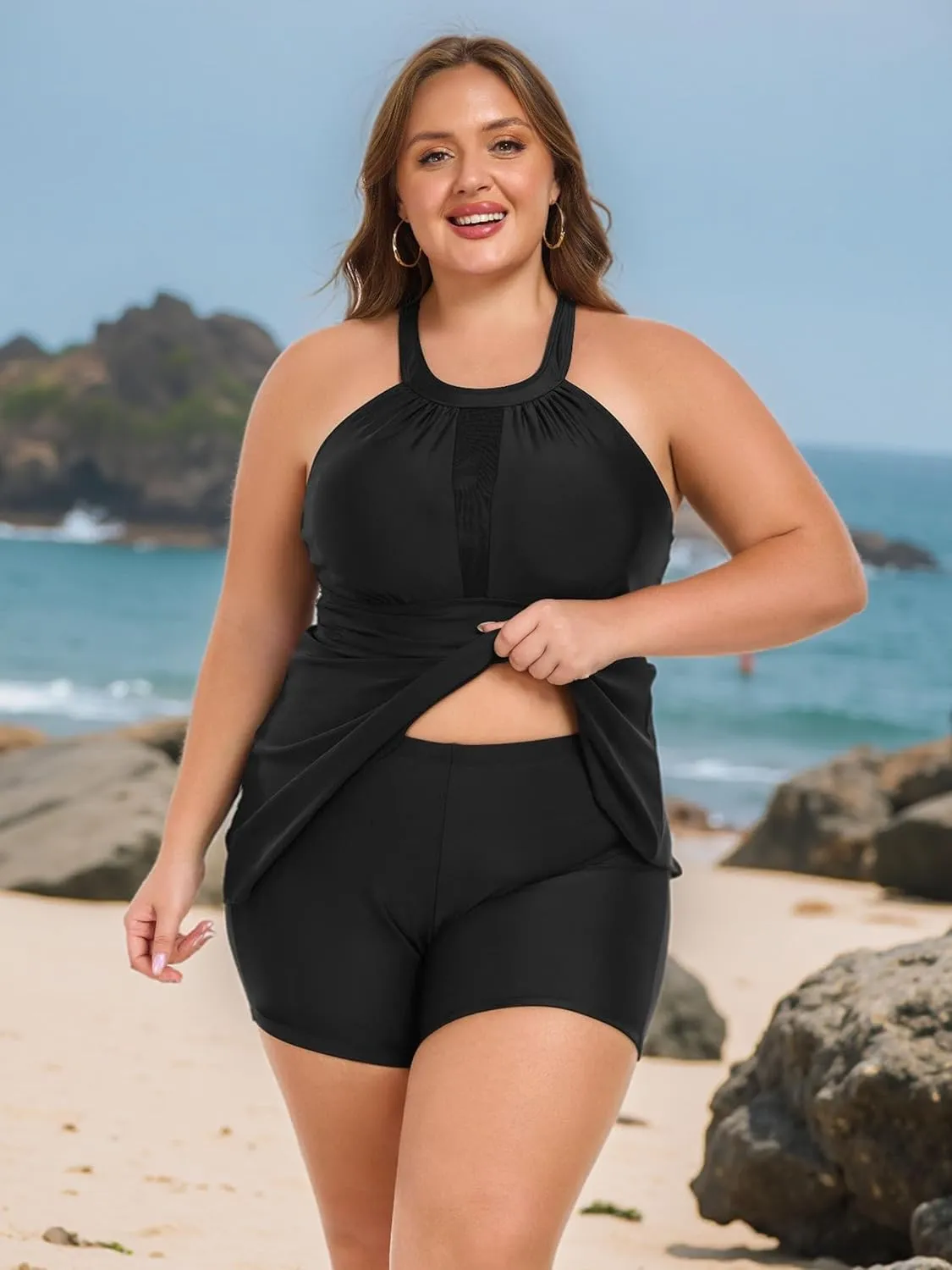AOVDE Women's Plus Size Tankini Swimsuits: Two Piece Bathing Suits Tank Tops with Boy Shorts Flowy Swimwear for Curvy Women