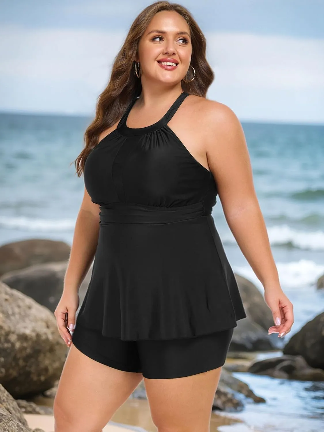 AOVDE Women's Plus Size Tankini Swimsuits: Two Piece Bathing Suits Tank Tops with Boy Shorts Flowy Swimwear for Curvy Women