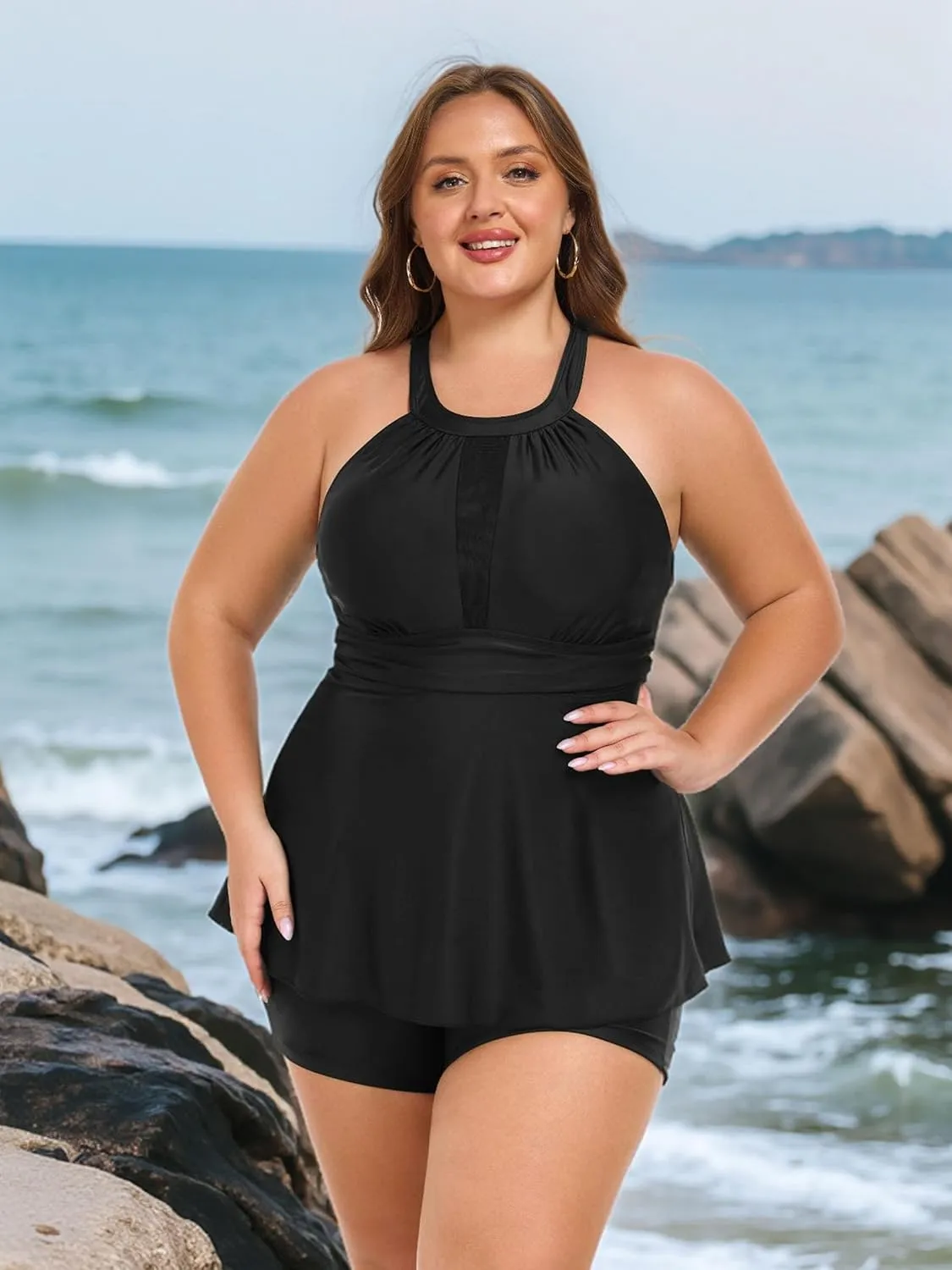 AOVDE Women's Plus Size Tankini Swimsuits: Two Piece Bathing Suits Tank Tops with Boy Shorts Flowy Swimwear for Curvy Women