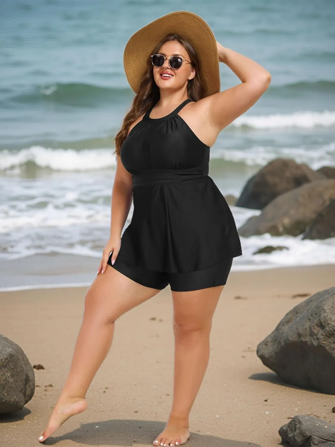 AOVDE Women's Plus Size Tankini Swimsuits: Two Piece Bathing Suits Tank Tops with Boy Shorts Flowy Swimwear for Curvy Women