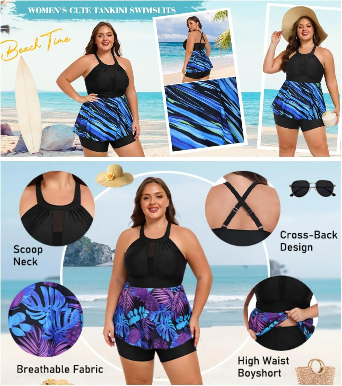 AOVDE Women's Plus Size Tankini Swimsuits: Two Piece Bathing Suits Tank Tops with Boy Shorts Flowy Swimwear for Curvy Women