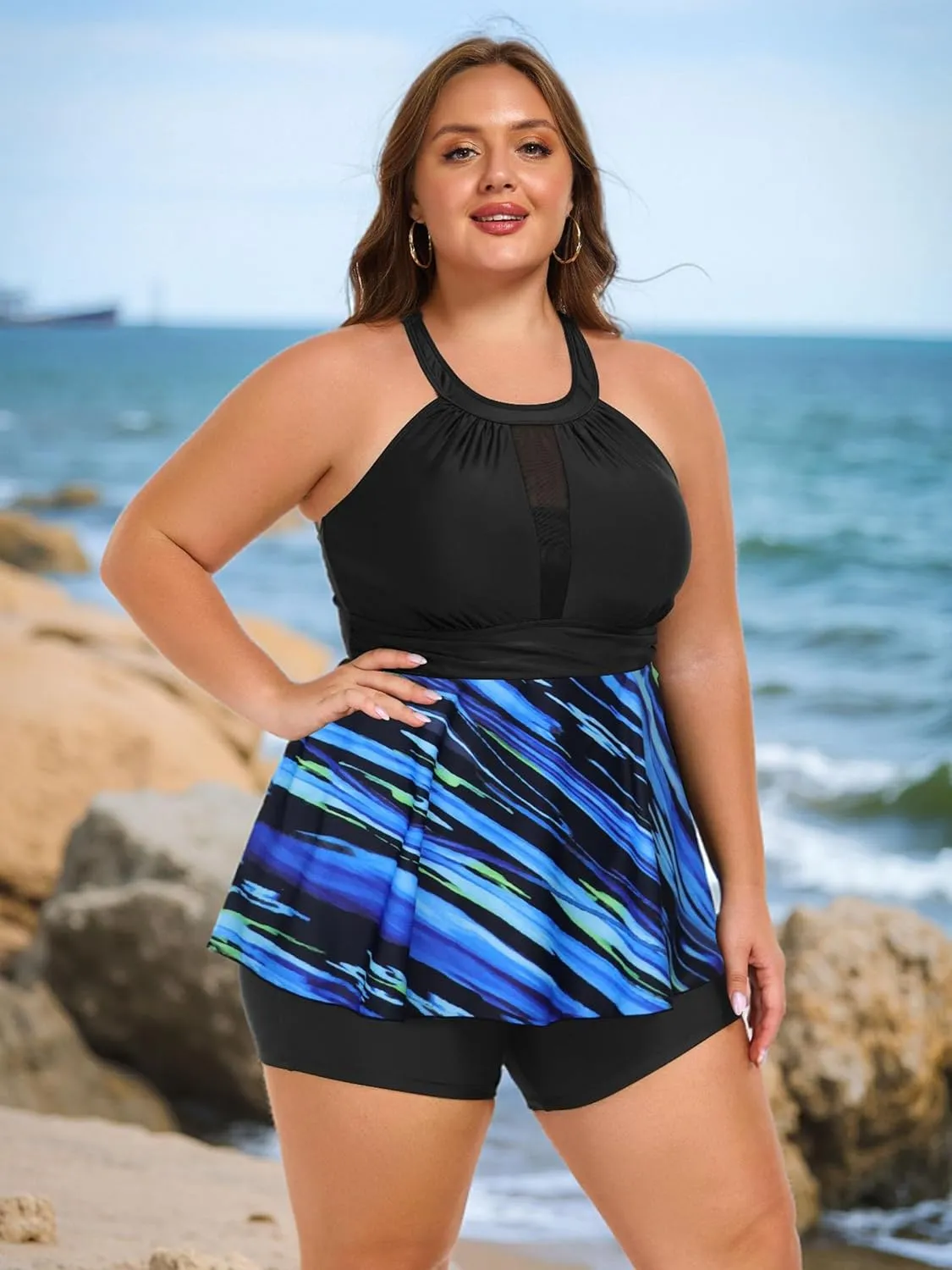 AOVDE Women's Plus Size Tankini Swimsuits: Two Piece Bathing Suits Tank Tops with Boy Shorts Flowy Swimwear for Curvy Women
