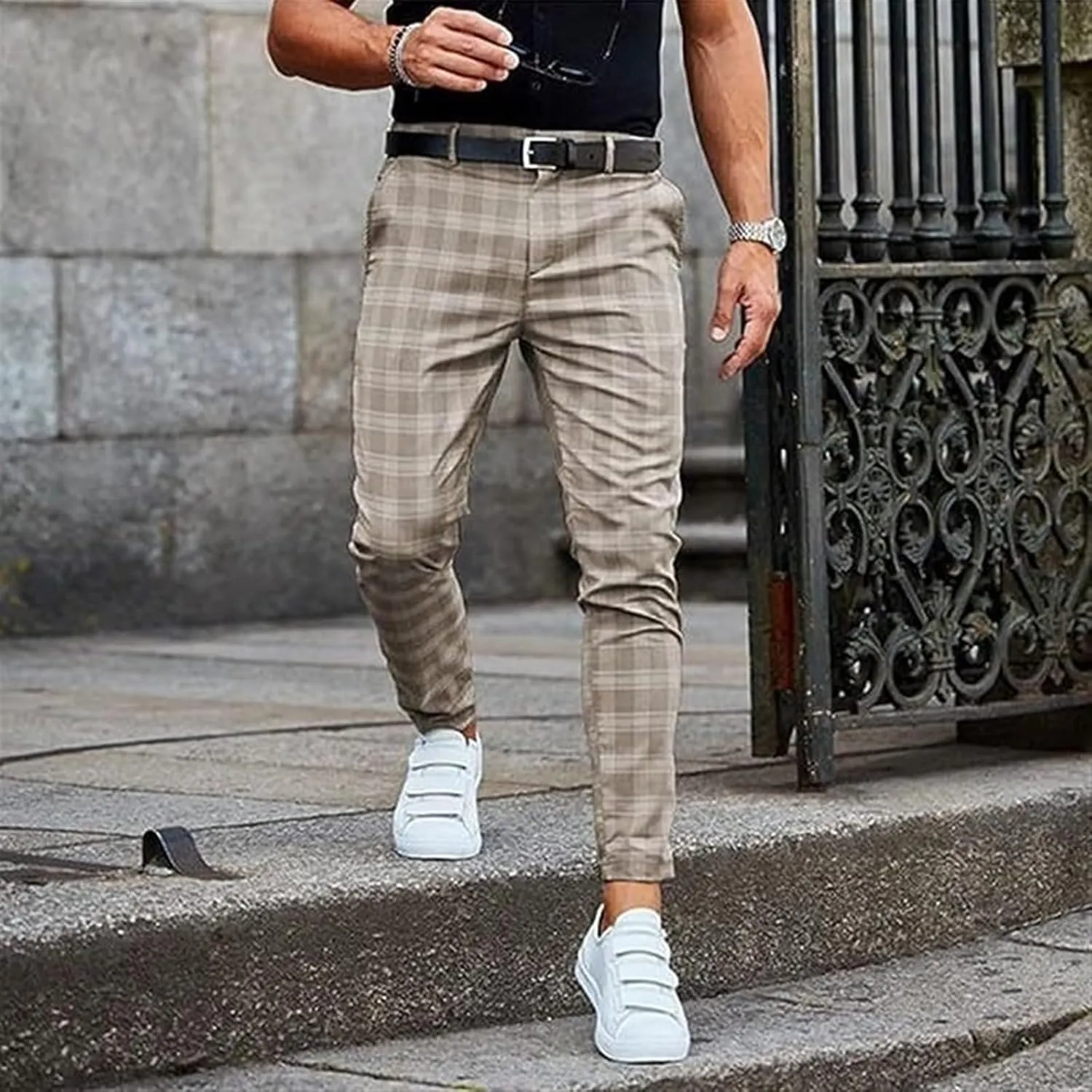 AYGJKIE Men's Chino Trousers Checked Fabric Trousers Slim fit Business Chino Trousers Straight Leg Slim Casual Trousers