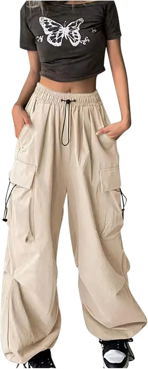 Baggy Cargo Pants Women Drawstring High Waist Parachute Pants Loose Jogger Straight Wide Leg Y2K Trousers Streetwear