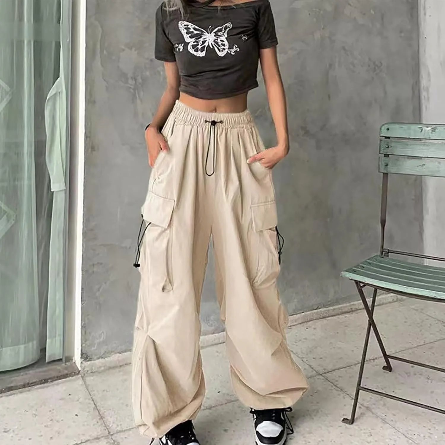 Baggy Cargo Pants Women Drawstring High Waist Parachute Pants Loose Jogger Straight Wide Leg Y2K Trousers Streetwear