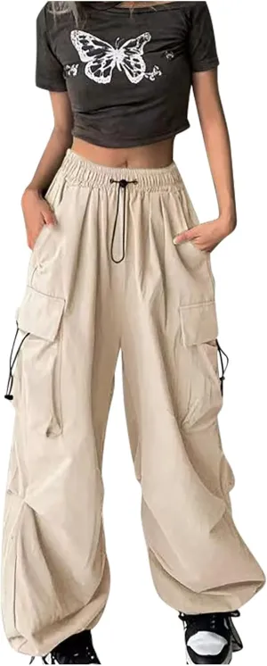 Baggy Cargo Pants Women Drawstring High Waist Parachute Pants Loose Jogger Straight Wide Leg Y2K Trousers Streetwear