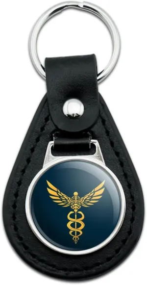 Black Leather Caduceus Medical Symbol Doctor Nurse EMT Keychain