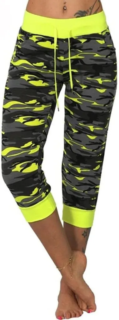 Camo Print Capri Pants for Women High Waist Casual Drawstring Trousers Workout Athletic Running Capri Leggings