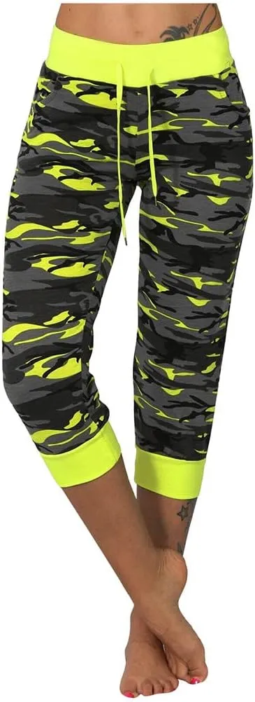 Camo Print Capri Pants for Women High Waist Casual Drawstring Trousers Workout Athletic Running Capri Leggings