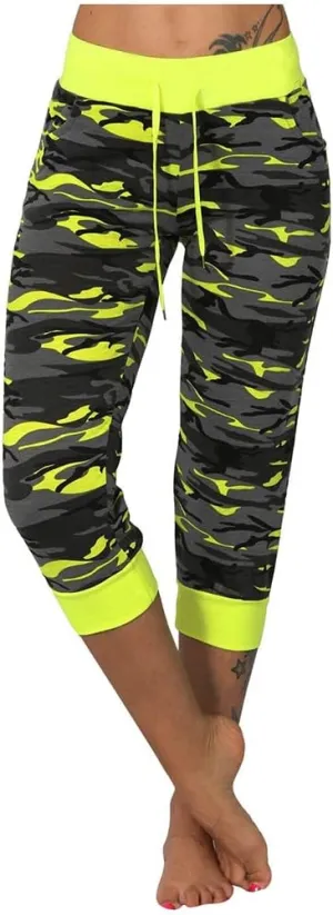Camo Print Capri Pants for Women High Waist Casual Drawstring Trousers Workout Athletic Running Capri Leggings