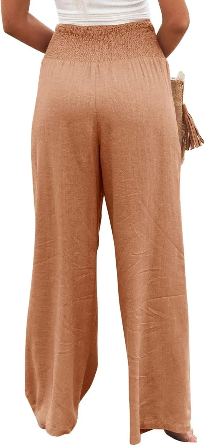 Canbebig Womens Linen Pants Boho Wide Leg High Waist Palazzo Pants Casual Smocked Waisted Pants Lounge Trousers with Pockets