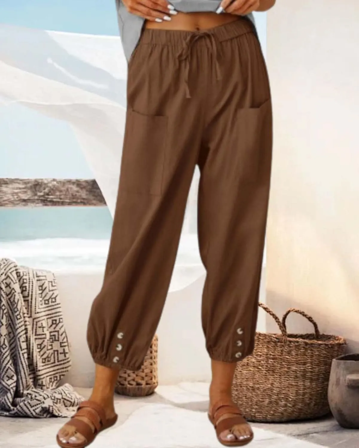 Cotton Linen Capri Pants for Women Summer Casual Plus Size High Waist Elastic Drawstring Button Trouser with Pockets