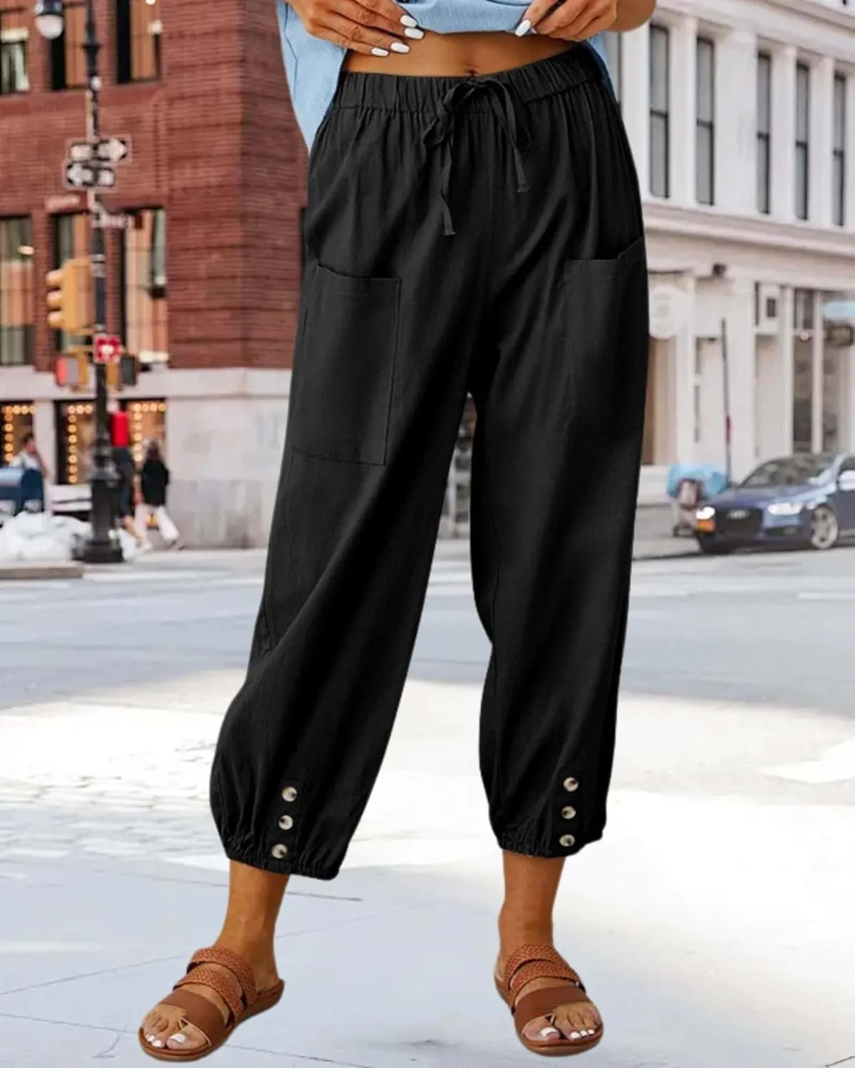 Cotton Linen Capri Pants for Women Summer Casual Plus Size High Waist Elastic Drawstring Button Trouser with Pockets