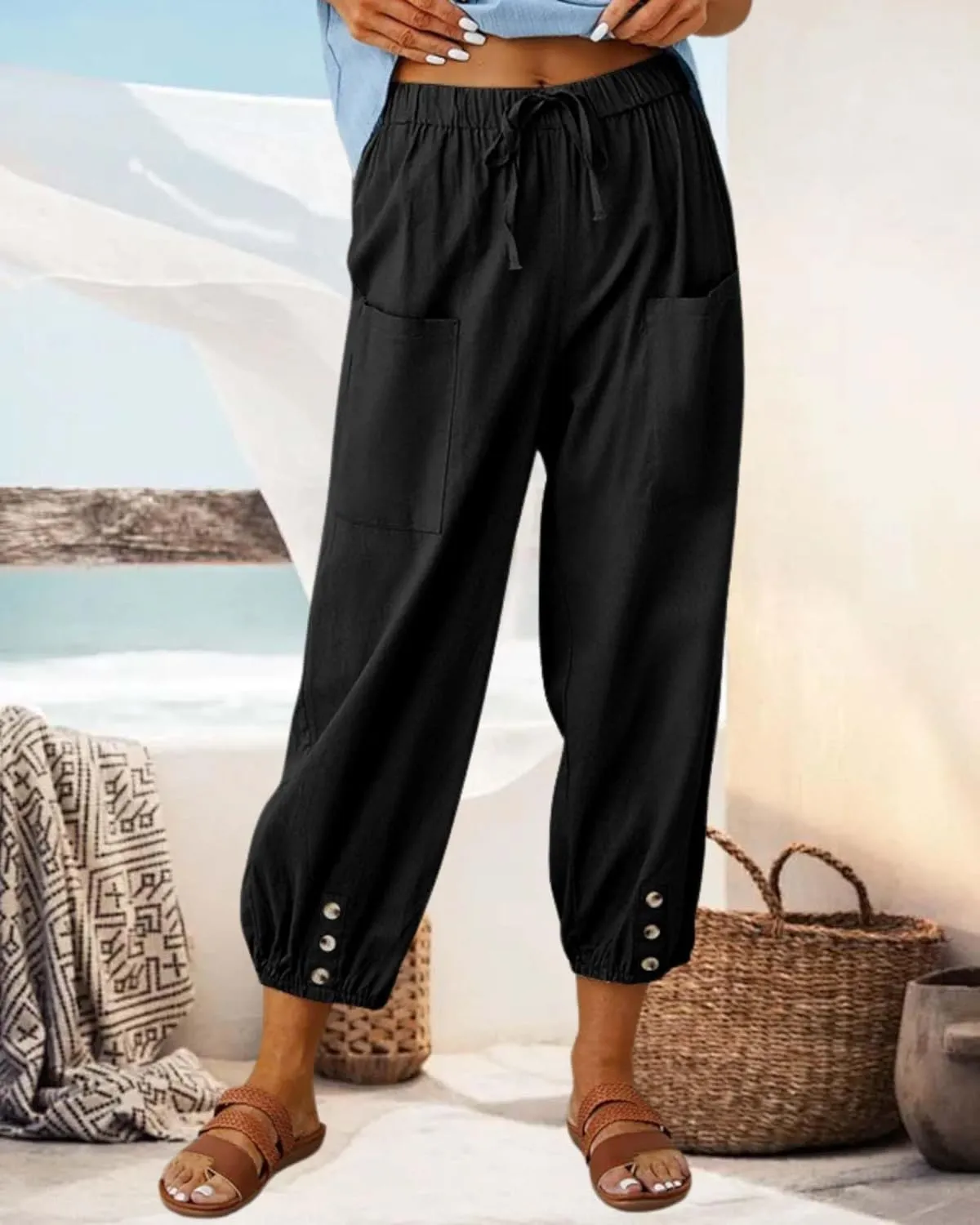 Cotton Linen Capri Pants for Women Summer Casual Plus Size High Waist Elastic Drawstring Button Trouser with Pockets