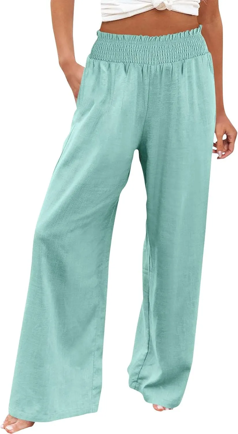 Cotton Linen Pants for Women 2025 Summer Casual Loose Wide Leg Palazzo Pants Smocked High Waist Beach Trousers Outfits