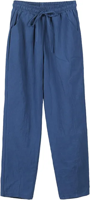 Cotton Linen Pants Women Casual High Waist Drawstring Baggy Trousers Straight Wide Leg Yoga Pants with Pockets