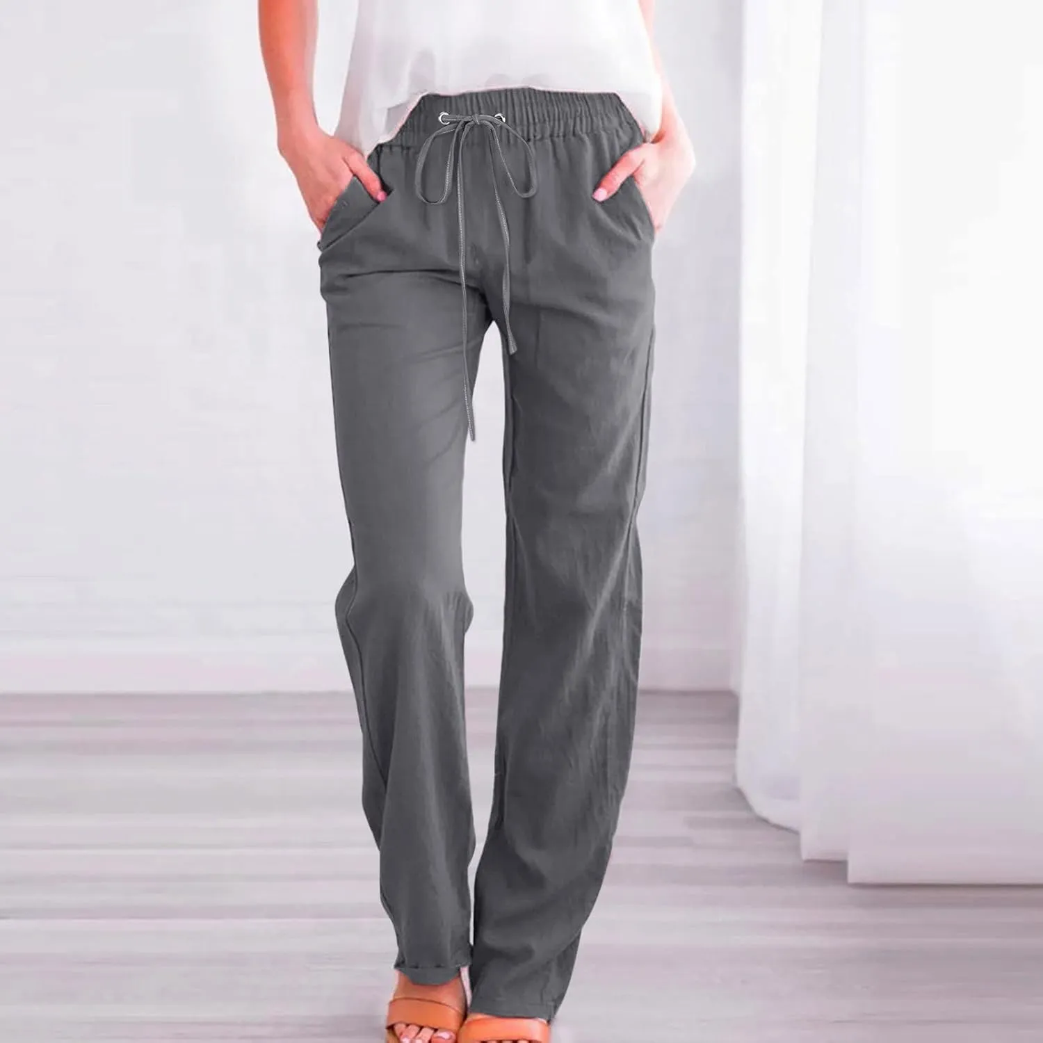 Cotton Linen Pants Women Straight Leg Casual Loose Fit Elastic High Waist Boho Sweatpant Drawstring Palazzo Trouser